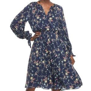 Gal Meets Glam Navy Blue Bonnie Floral Tie Blouson Sleeve Midi Dress Womens 10